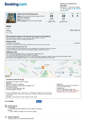 Editable Afghanistan Hotel Booking Form Template | Fillable PDF