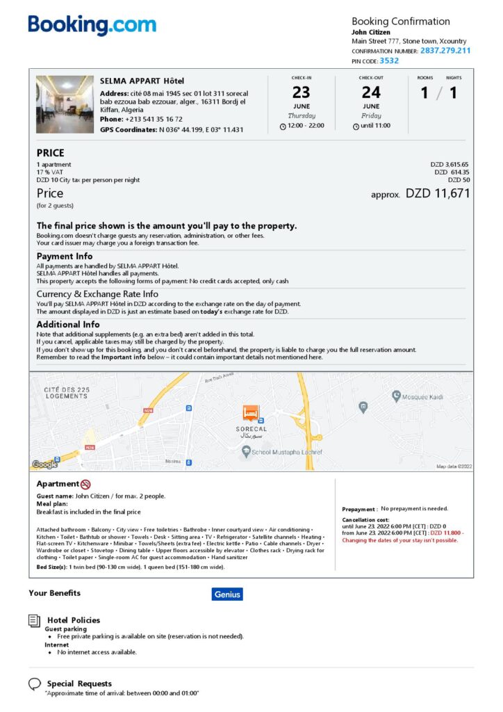 Editable Algeria Hotel Booking Form Template | Fillable PDF