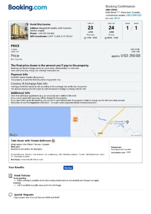 Editable Angola Hotel Booking Form Template | Fillable PDF