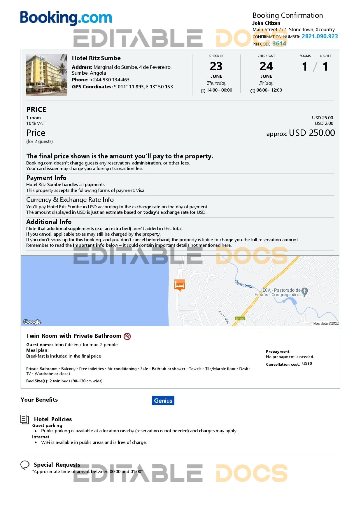 Editable Angola Hotel Booking Form Template | Fillable PDF