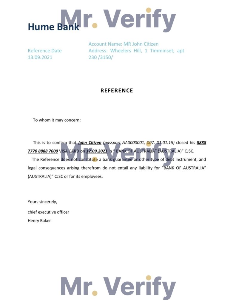 Download Australia Hume Bank Reference Letter Templates | Editable Word