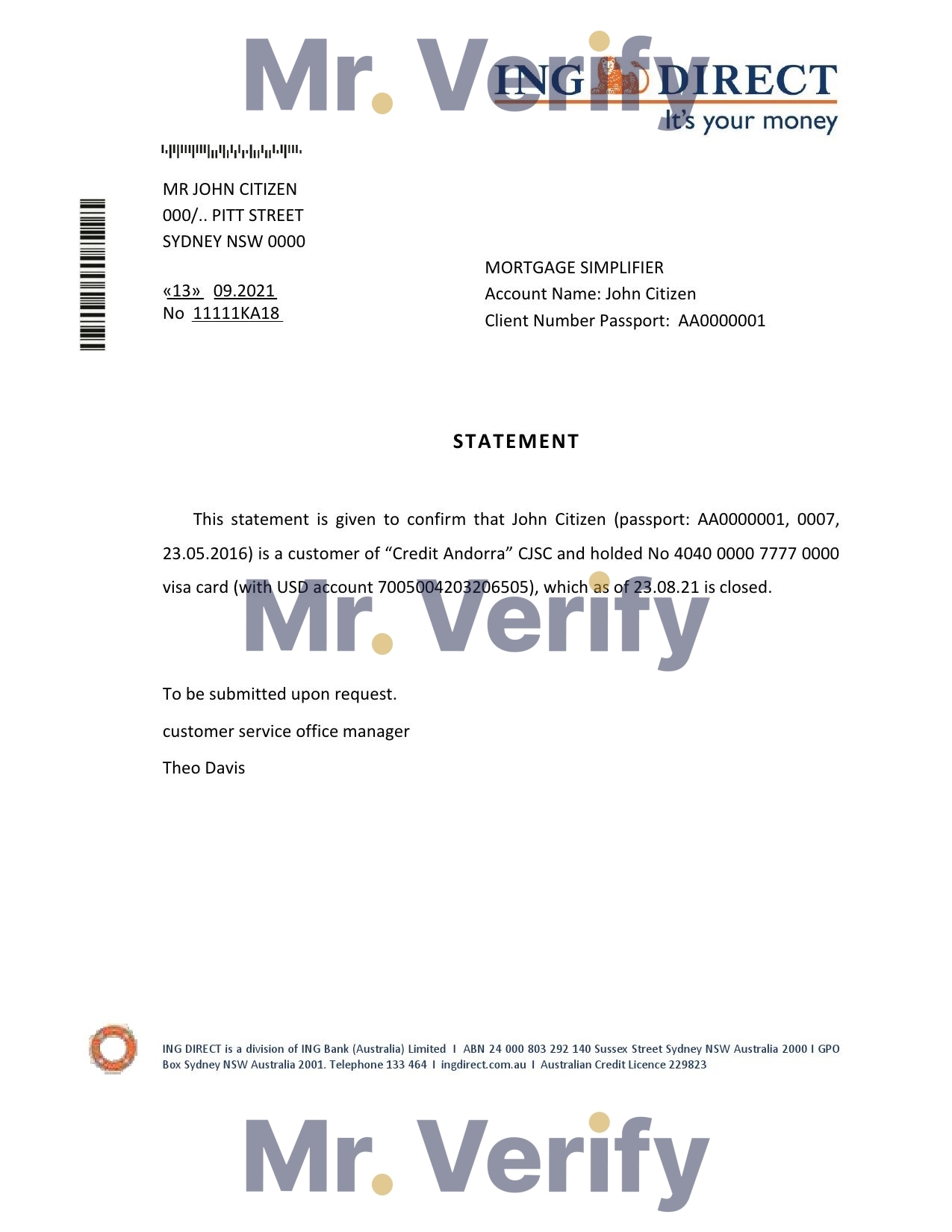 Download Australia ING Direct Bank Reference Letter Templates | Editable Word