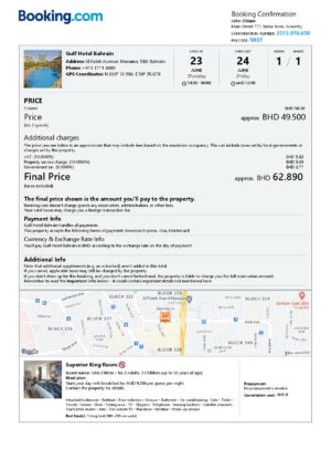 Editable Bahrain Hotel Booking Form Template | Fillable PDF