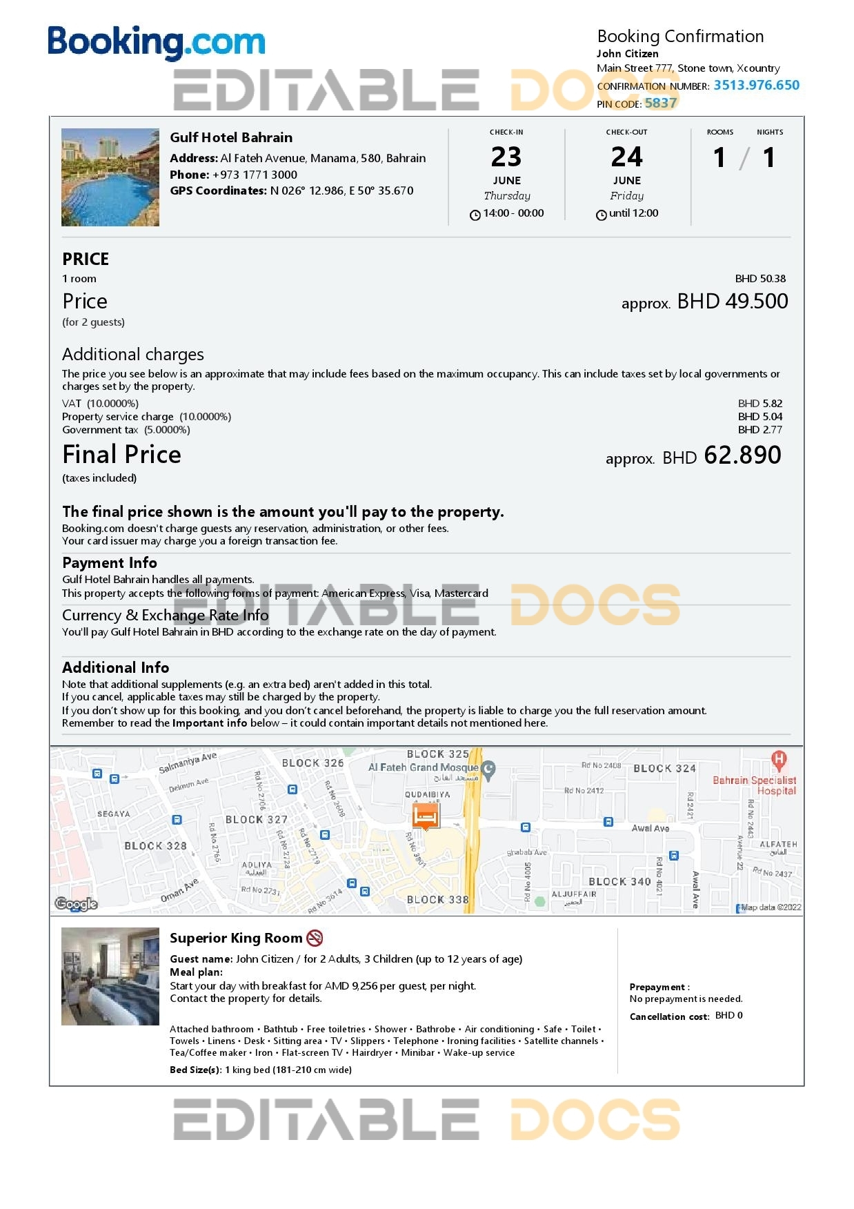 Editable Bahrain Hotel Booking Form Template | Fillable PDF