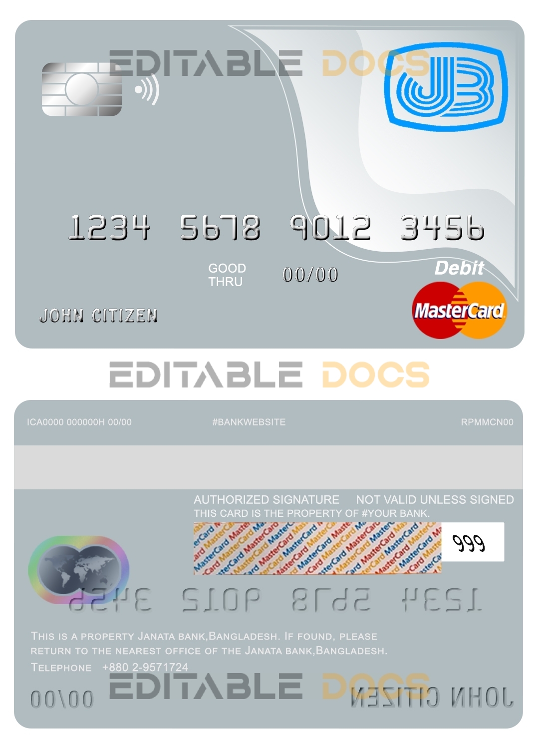 Editable Bangladesh Janata bank mastercard debit card Templates