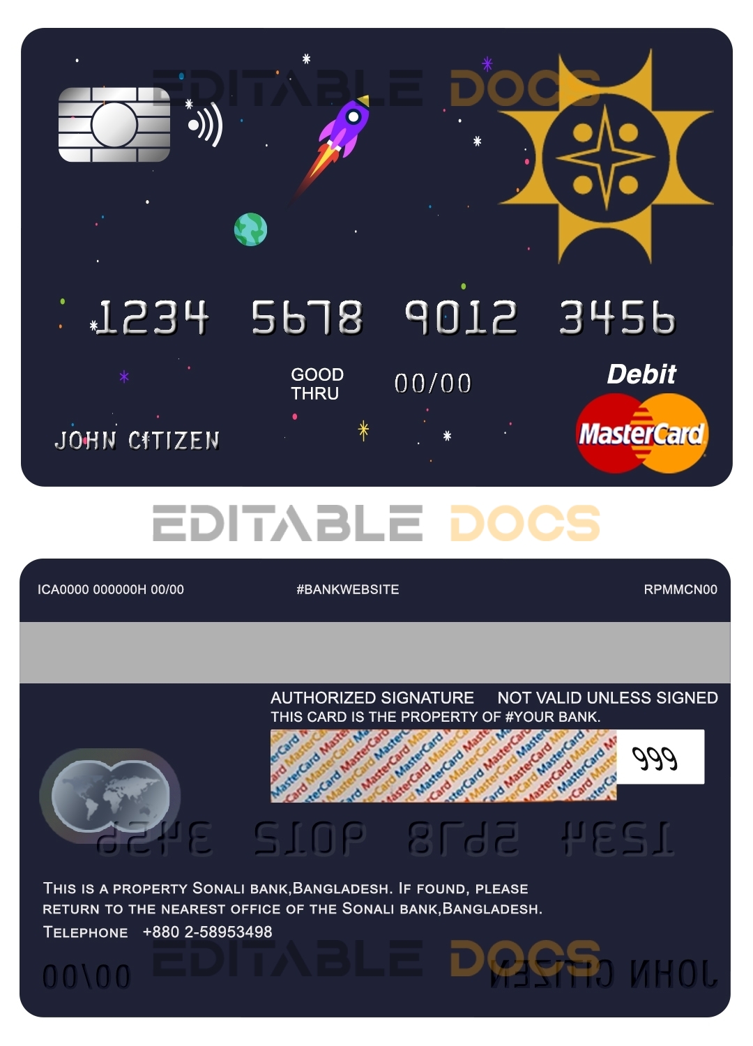 Editable Bangladesh Sonali Bank mastercard debit card Templates