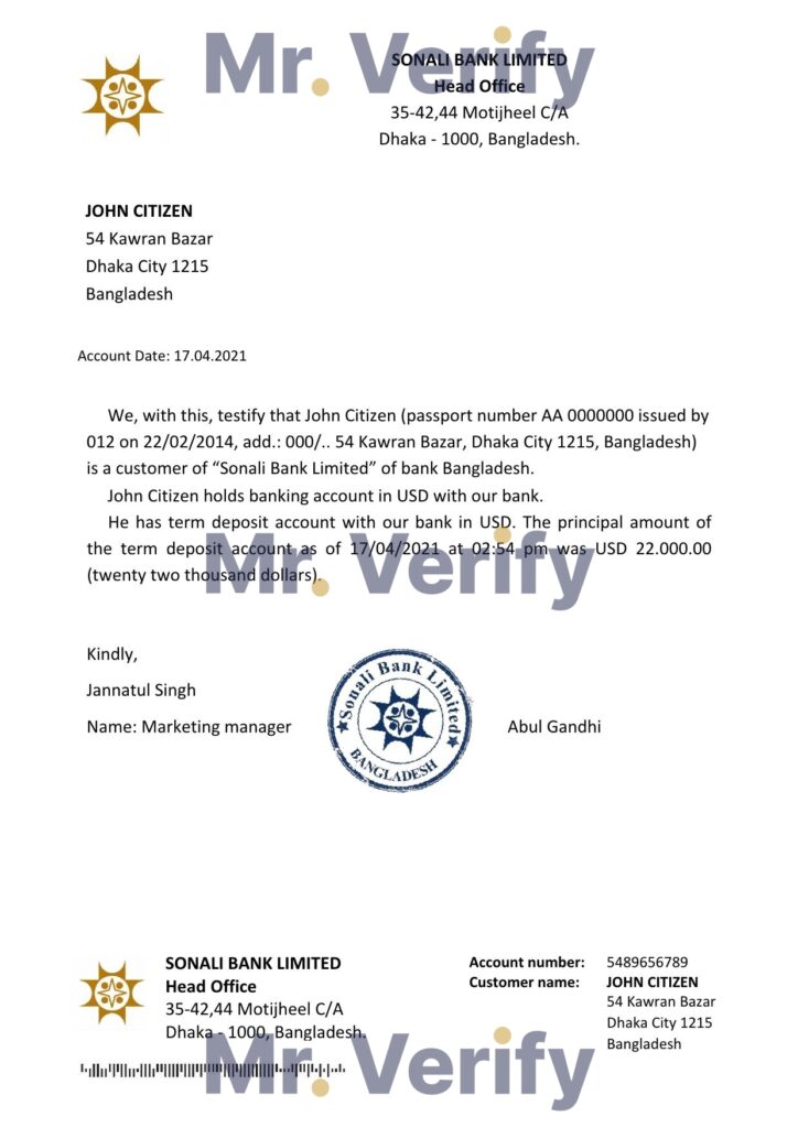 Download Bangladesh Sonali Bank Reference Letter Templates | Editable Word
