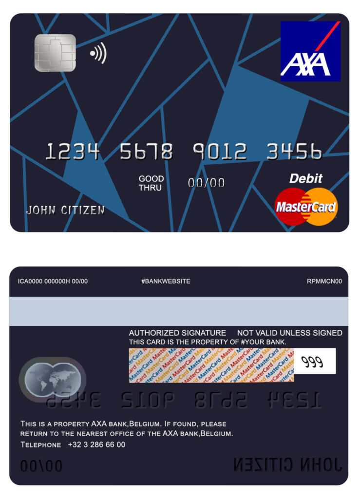 Fillable Belgium AXA bank mastercard debit card Templates
