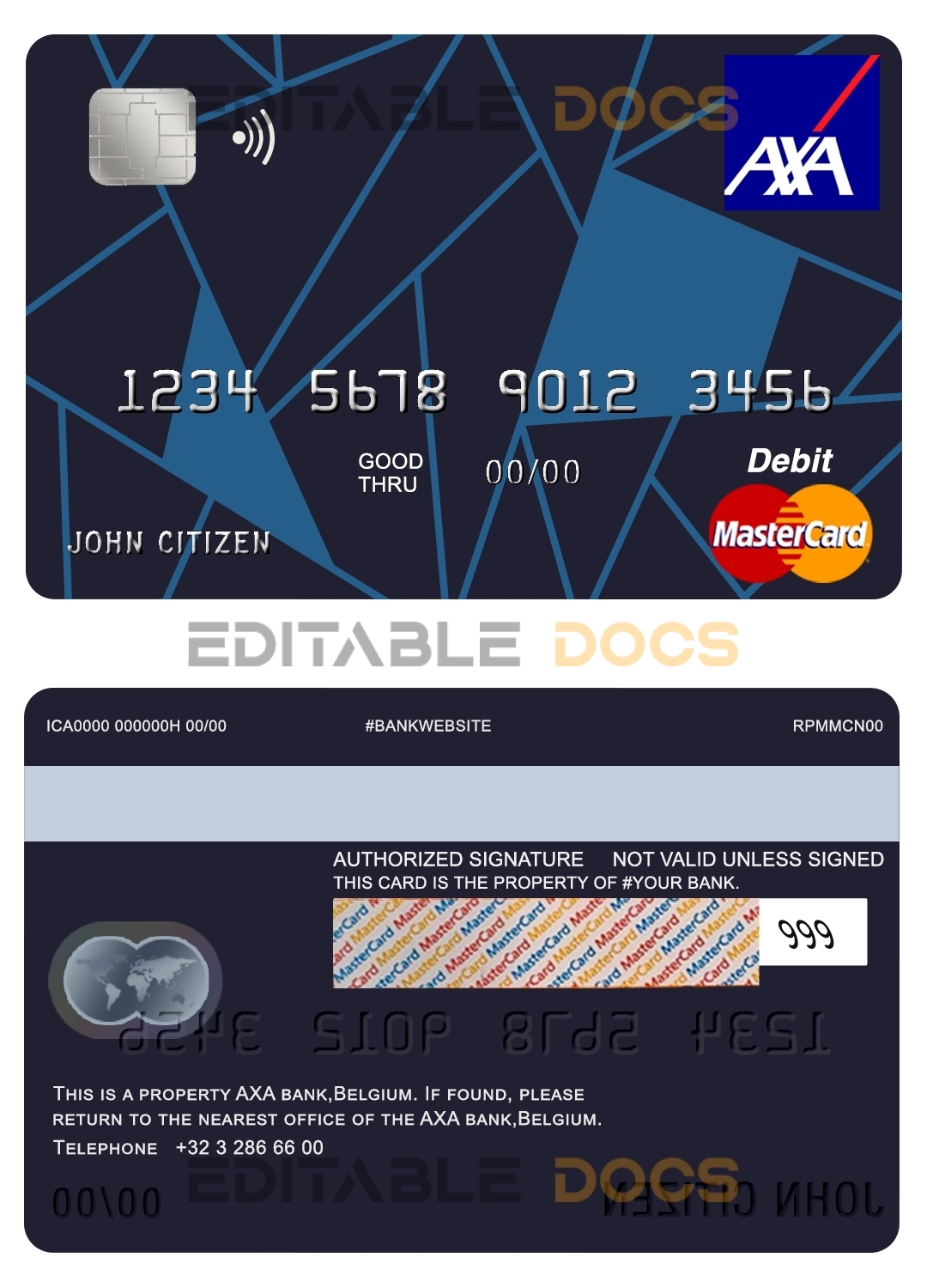 Fillable Belgium AXA bank mastercard debit card Templates | Layer-Based PSD