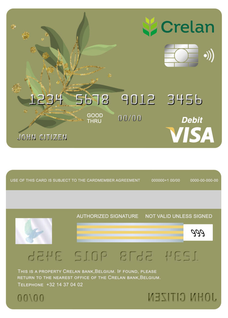 Editable Belgium Crelan bank visa card debit card Templates