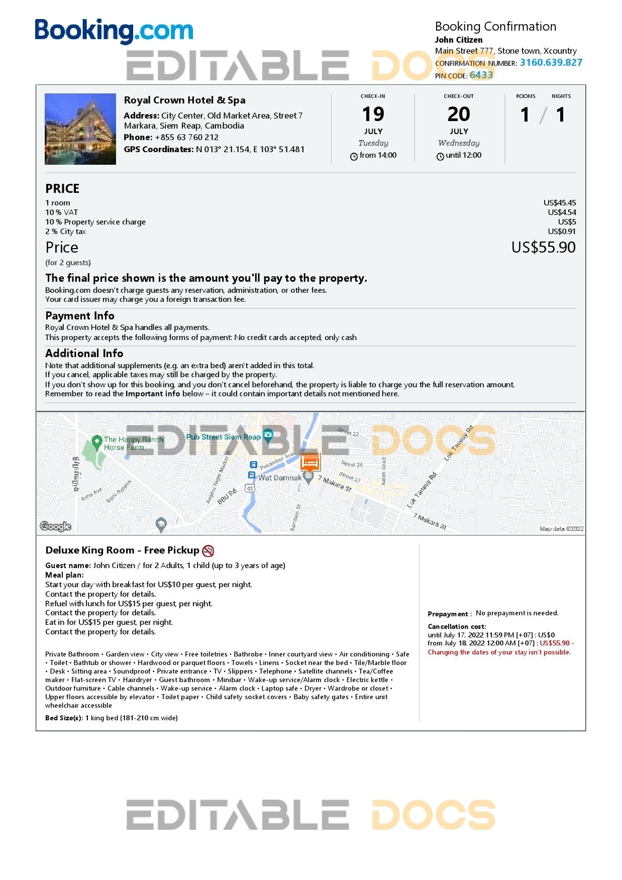 Editable Cambodia Hotel Booking Form Template | Fillable PDF