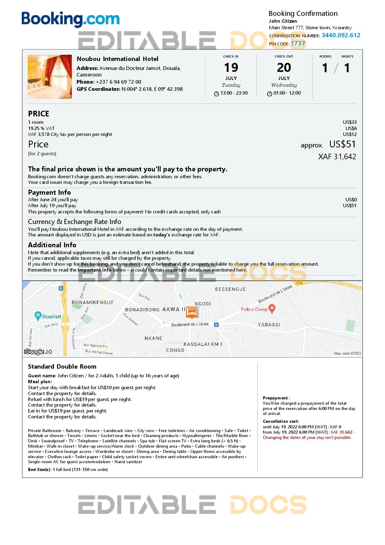 Editable Cameroon Hotel Booking Form Template | Fillable PDF