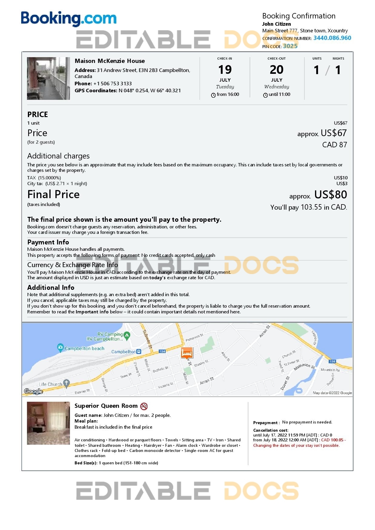 Editable Canada Hotel Booking Form Template | Fillable PDF