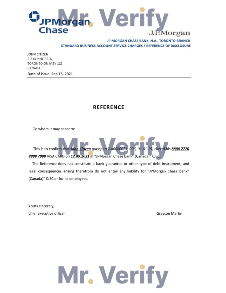 Download Canada JPMorgan Chase Bank Reference Letter Templates | Editable Word