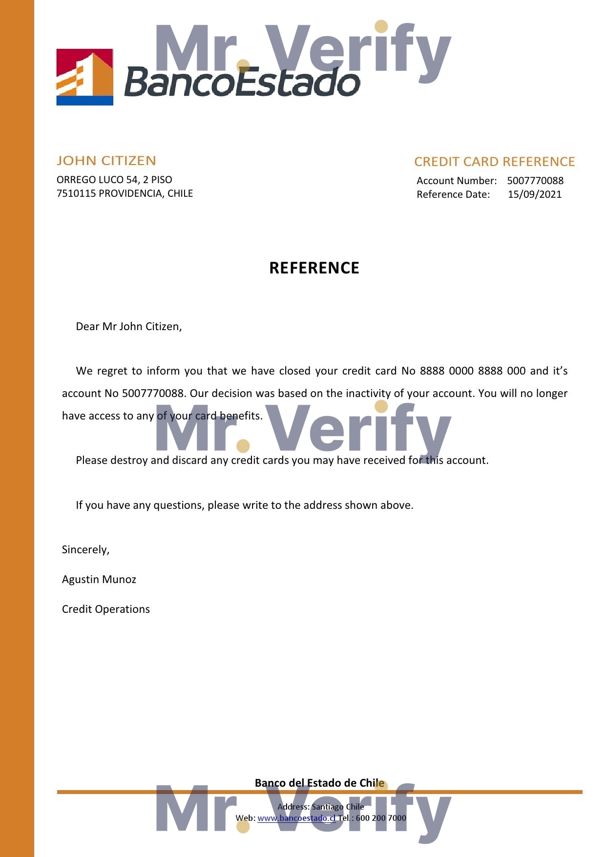 Download Chile Banco del Estado de Chile Bank Reference Letter Templates | Editable Word
