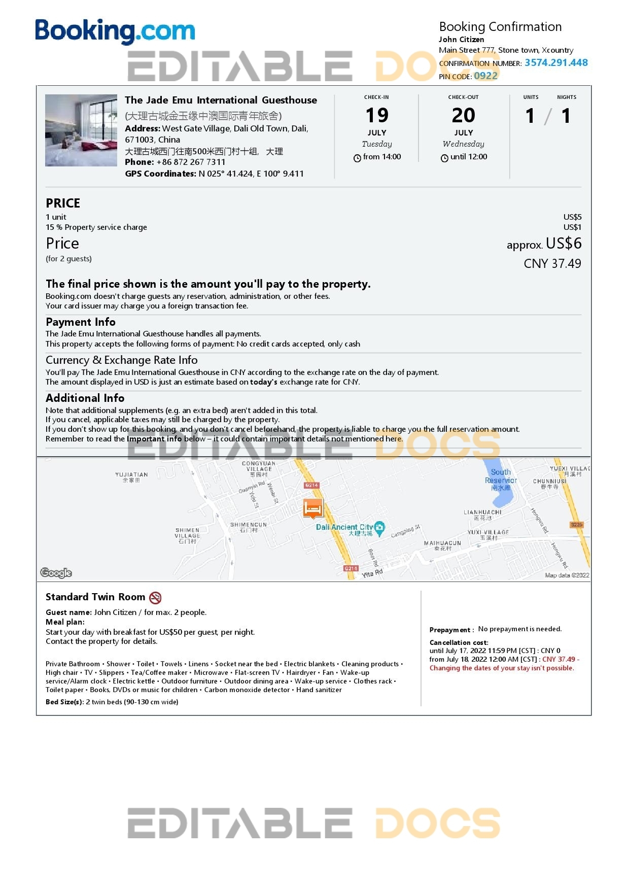 Editable China Hotel Booking Form Template | Fillable PDF