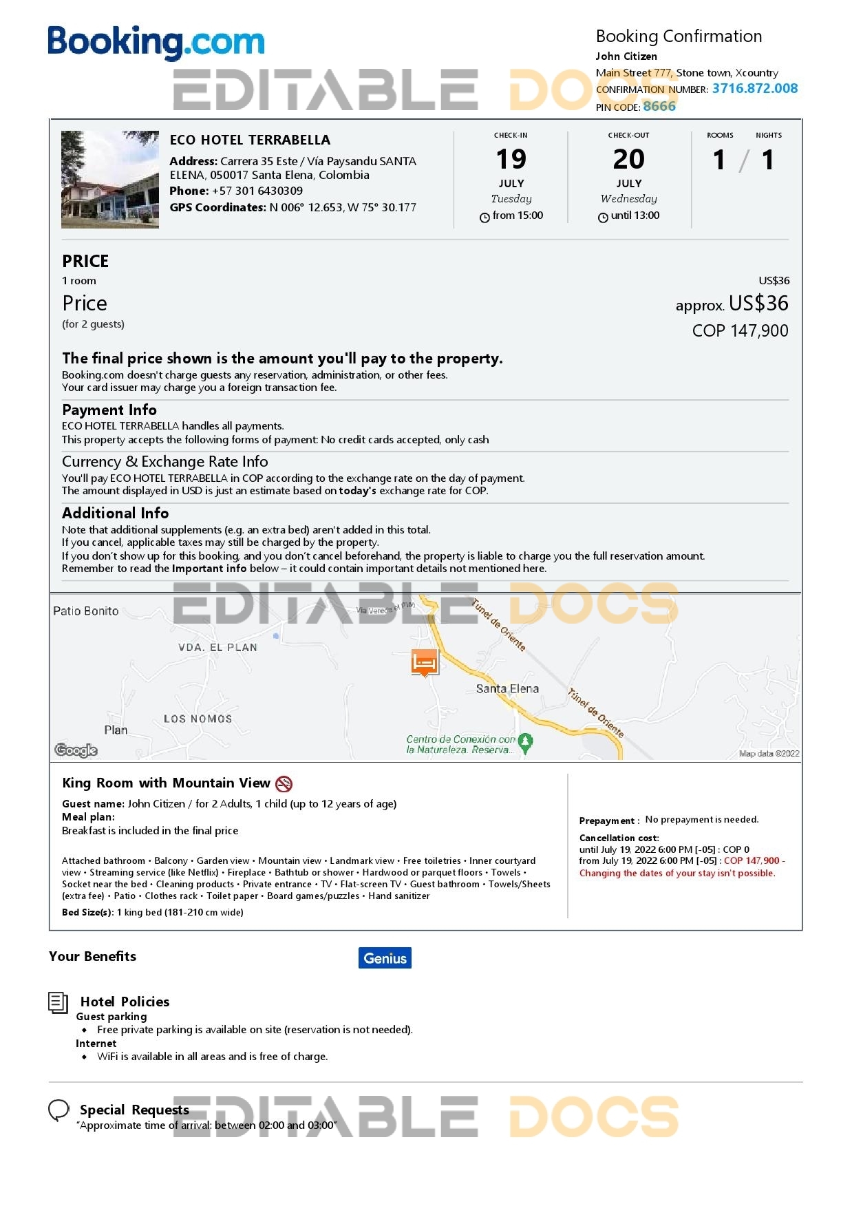 Editable Colombia Hotel Booking Form Template | Fillable PDF