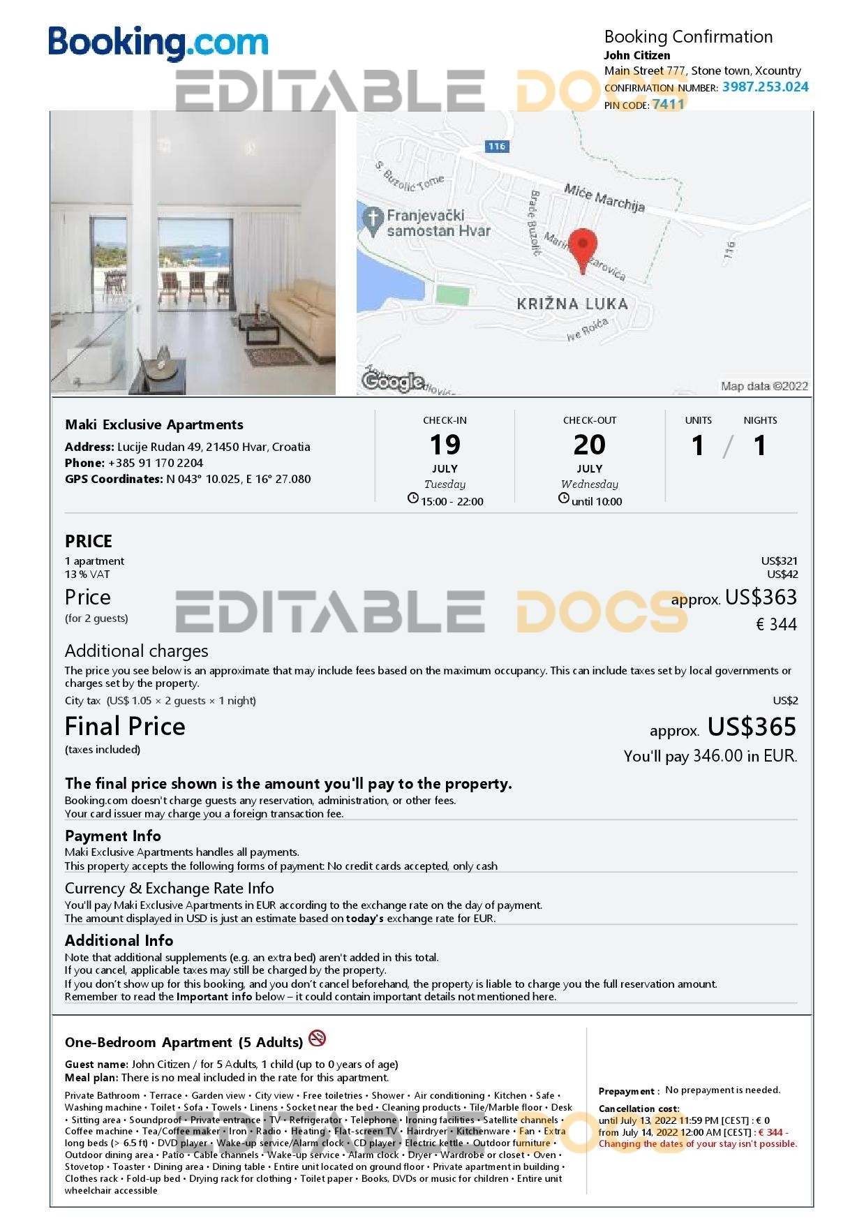 Editable Croatia Hotel Booking Form Template | Fillable PDF