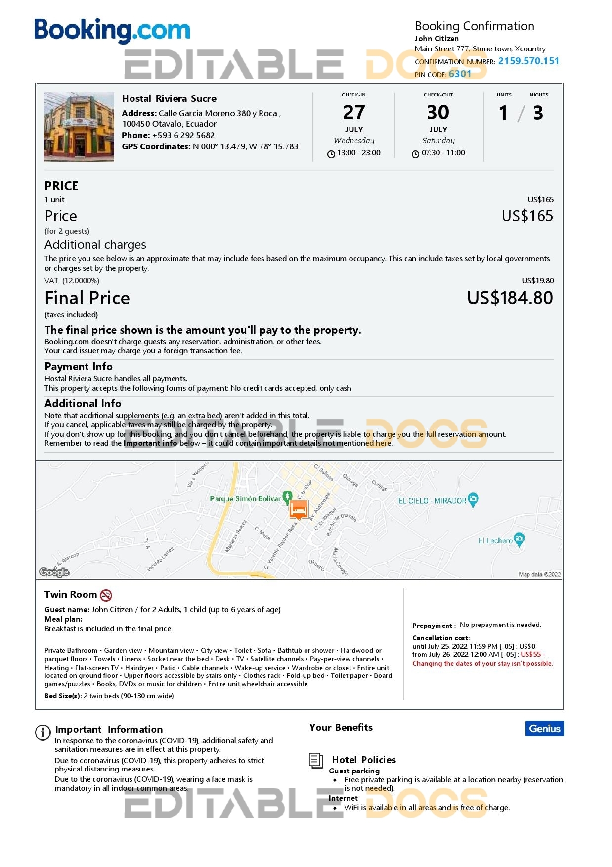 Customizable Ecuador Airbnb Reservation Template | Word & PDF Formats