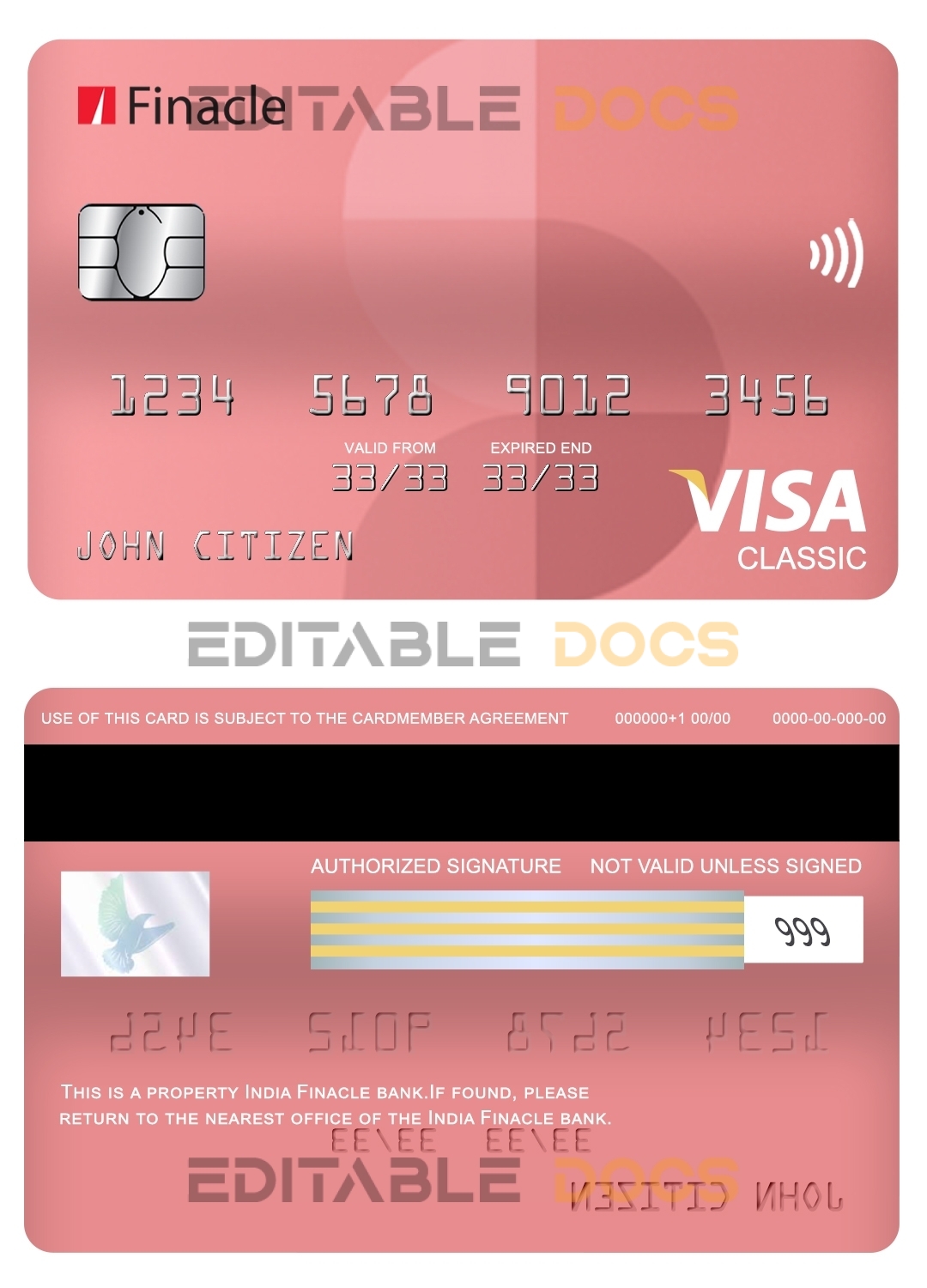 Editable India Finacle bank visa classic card Templates in PSD Format