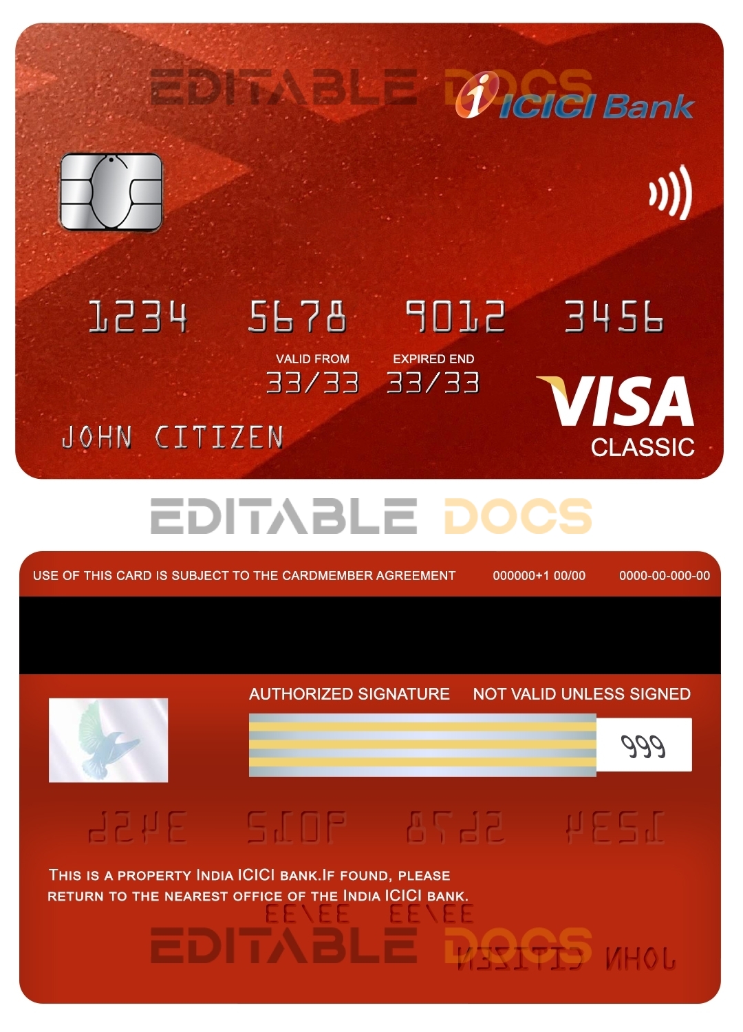 Editable India ICICI bank visa classic card Templates in PSD Format