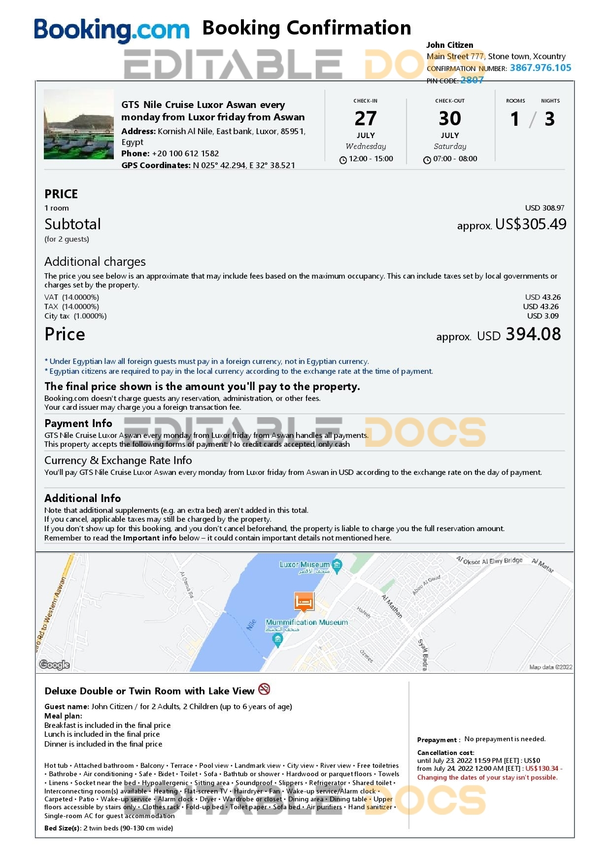 Customizable Egypt Airbnb Reservation Template | Word & PDF Formats