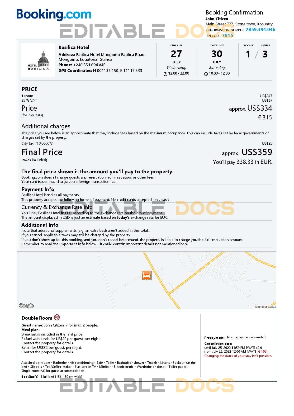 Editable Equatorial Guinea Hotel Booking Form Template | Fillable PDF