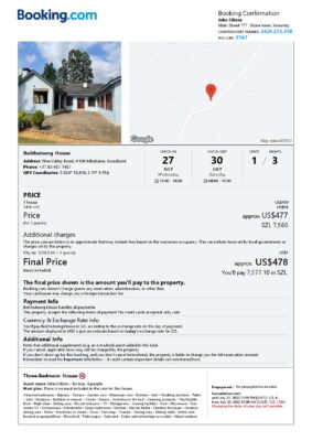 Editable Eswatini (Swaziland) Hotel Booking Form Template | Fillable PDF