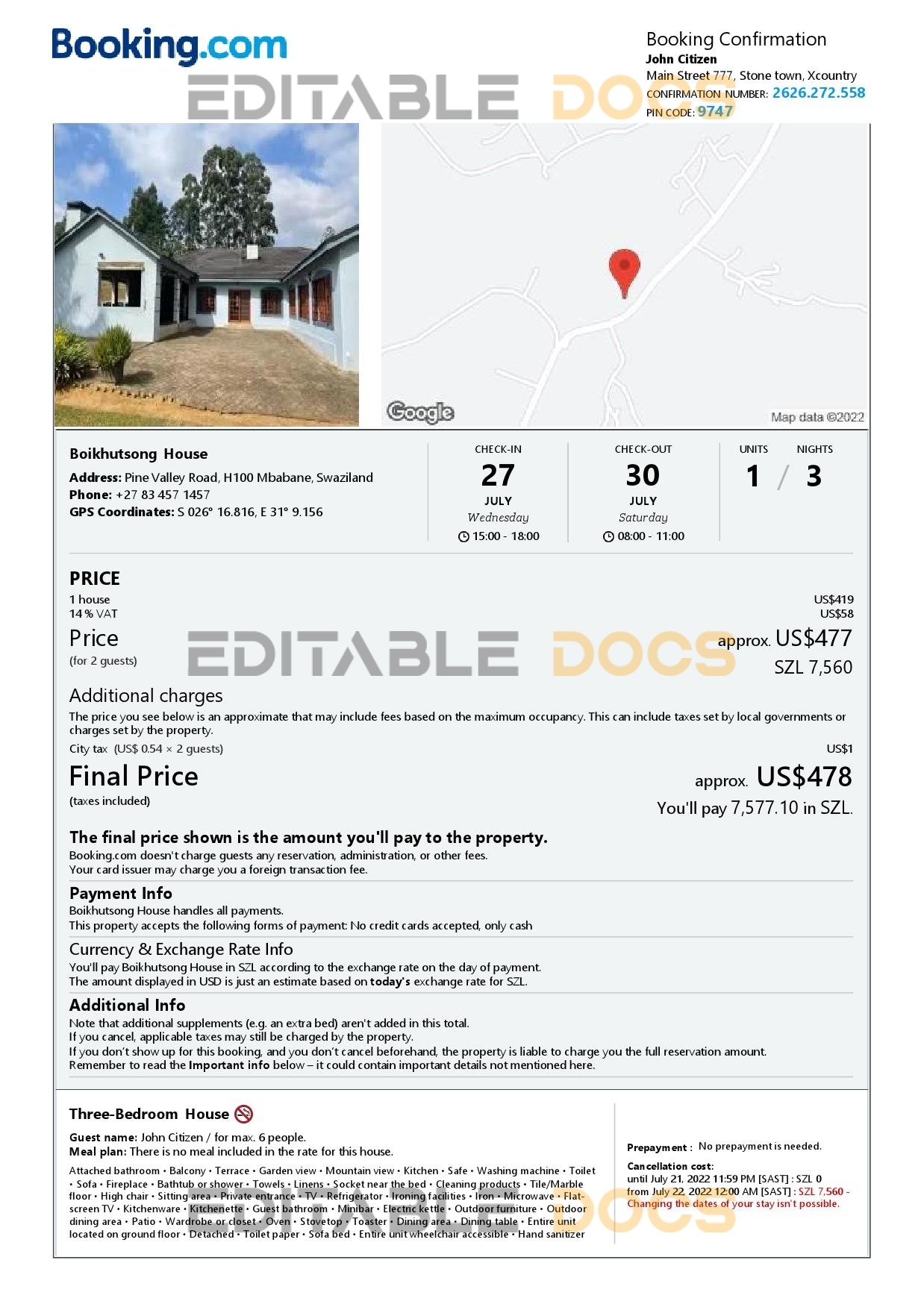 Editable Eswatini (Swaziland) Hotel Booking Form Template | Fillable PDF