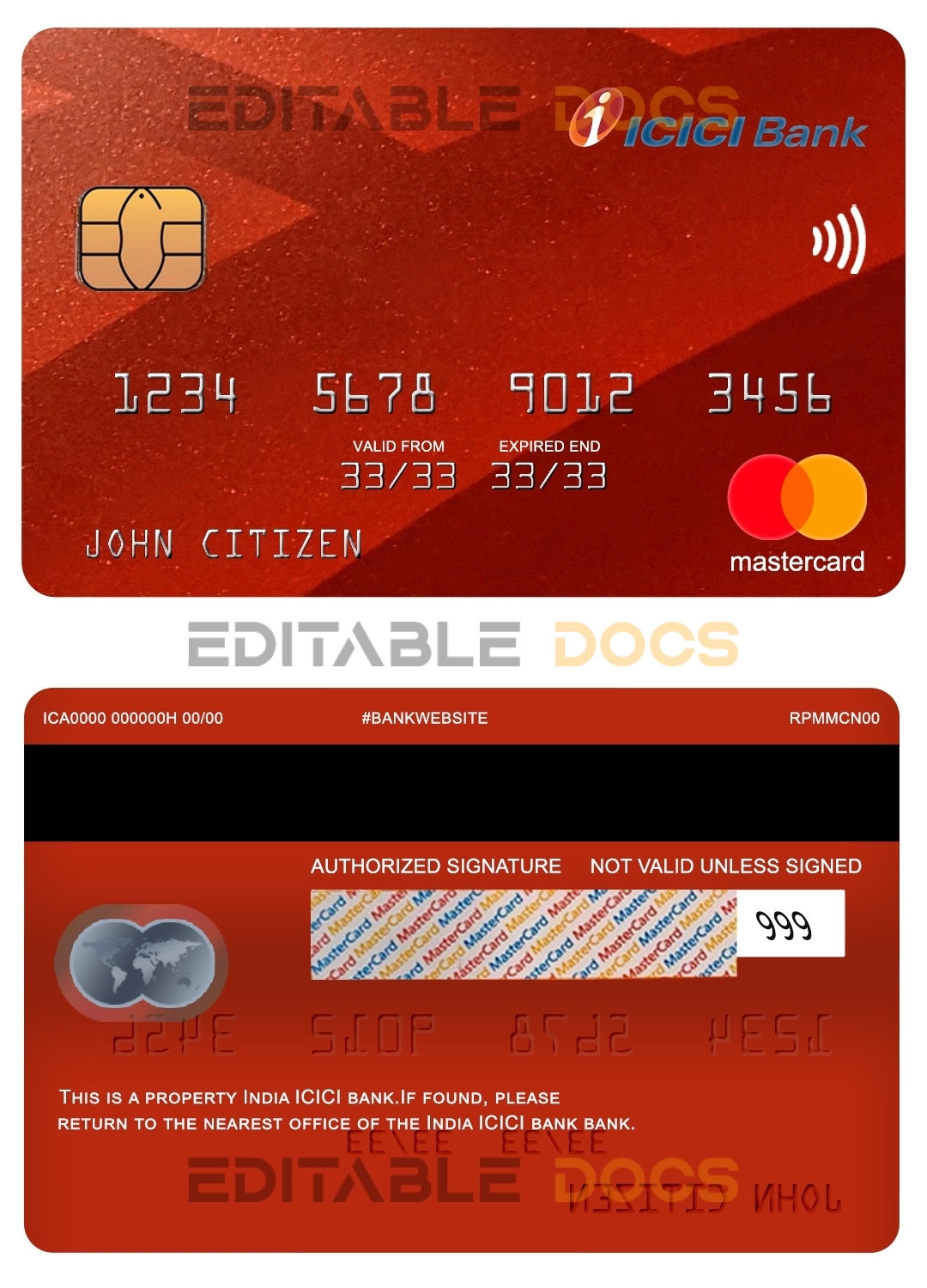 Fillable India ICICI bank mastercard Templates | Layer-Based PSD