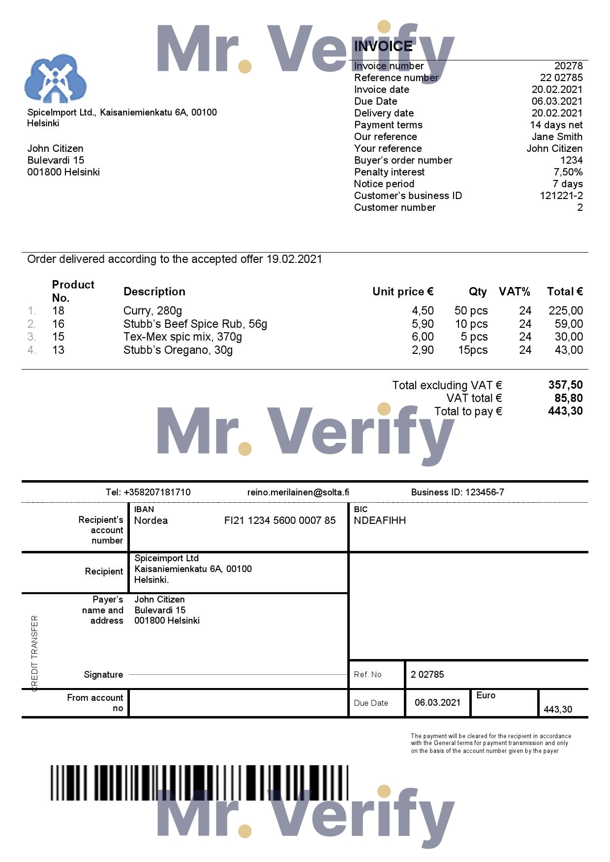 High-Quality Finland SpiceImport Ltd Invoice Template PDF | Fully Editable