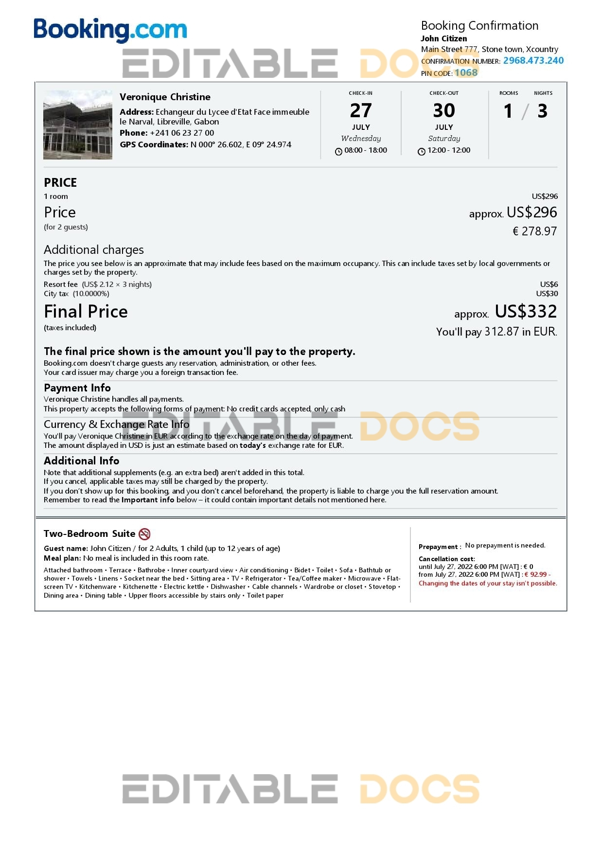 Editable Gabon Hotel Booking Form Template | Fillable PDF