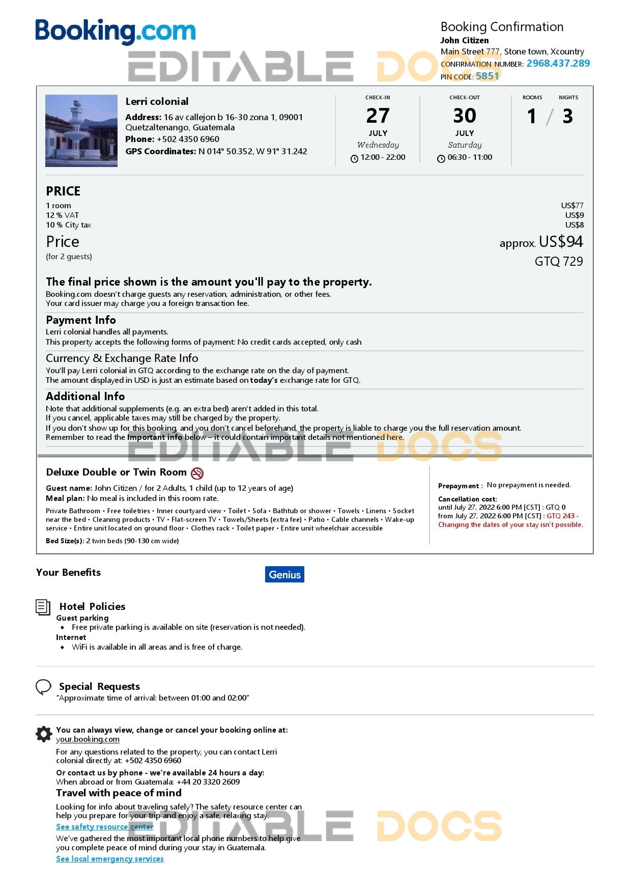 Editable Guatemala Hotel Booking Form Template | Fillable PDF