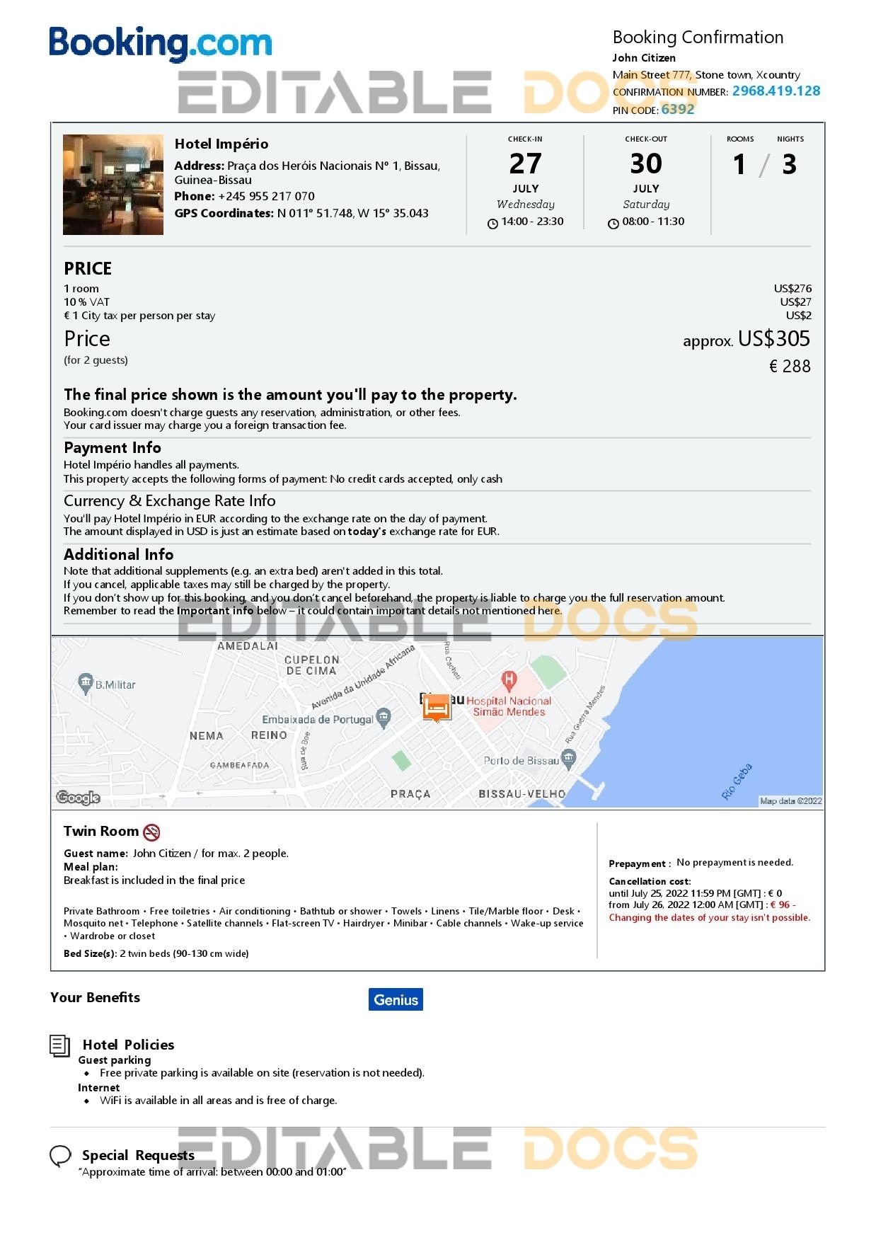 Editable Guinea-Bissau Hotel Booking Form Template | Fillable PDF