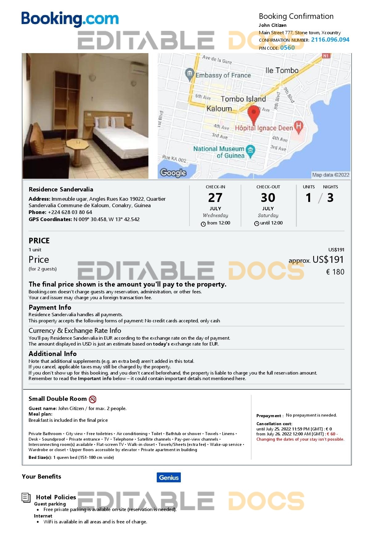 Editable Guinea Hotel Booking Form Template | Fillable PDF