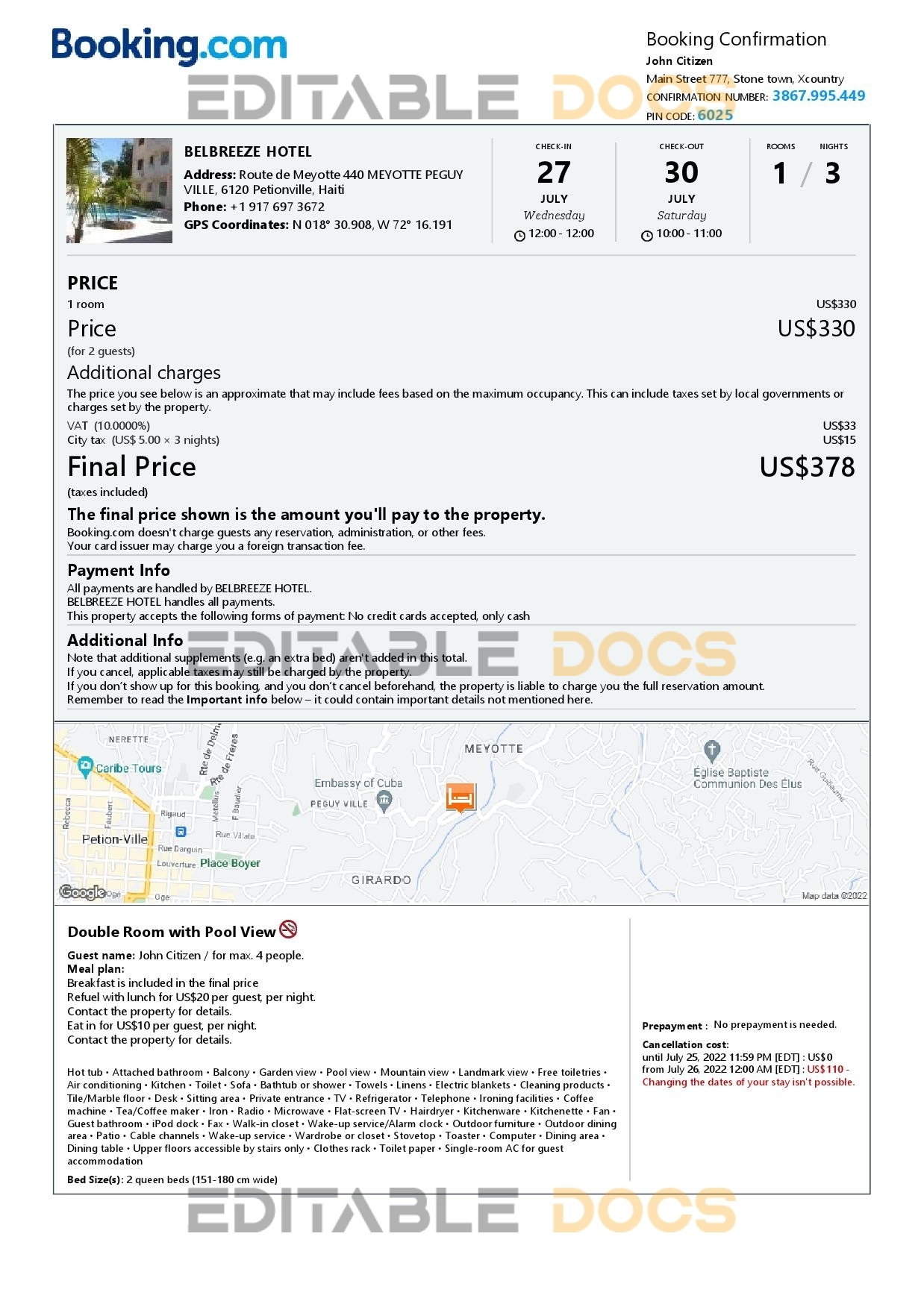 Editable Haiti Hotel Booking Form Template | Fillable PDF