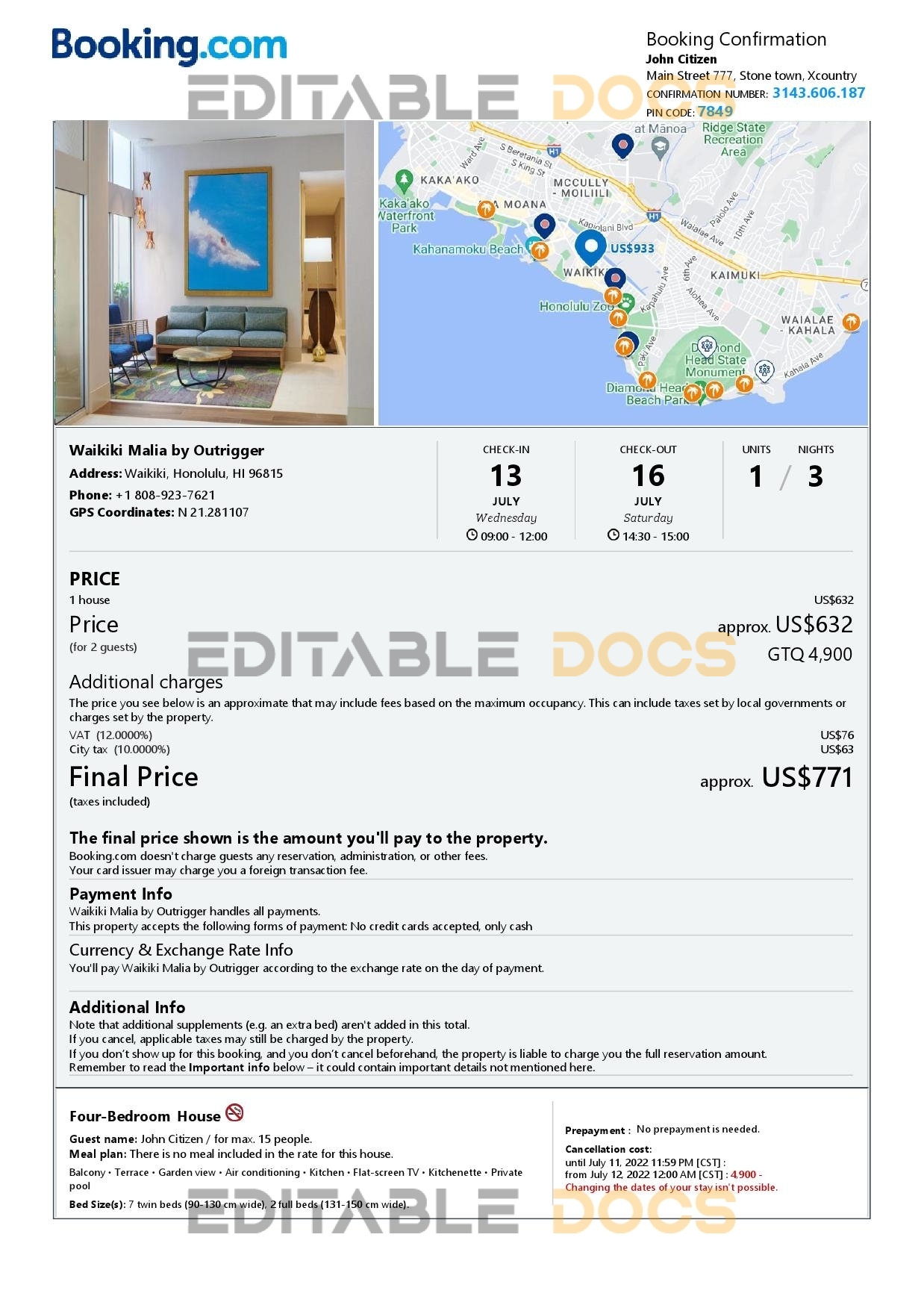 Editable Hawaii Hotel Booking Form Template | Fillable PDF