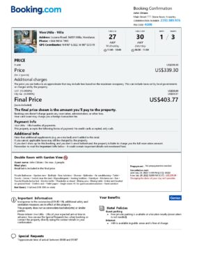 Editable Honduras Hotel Booking Form Template | Fillable PDF