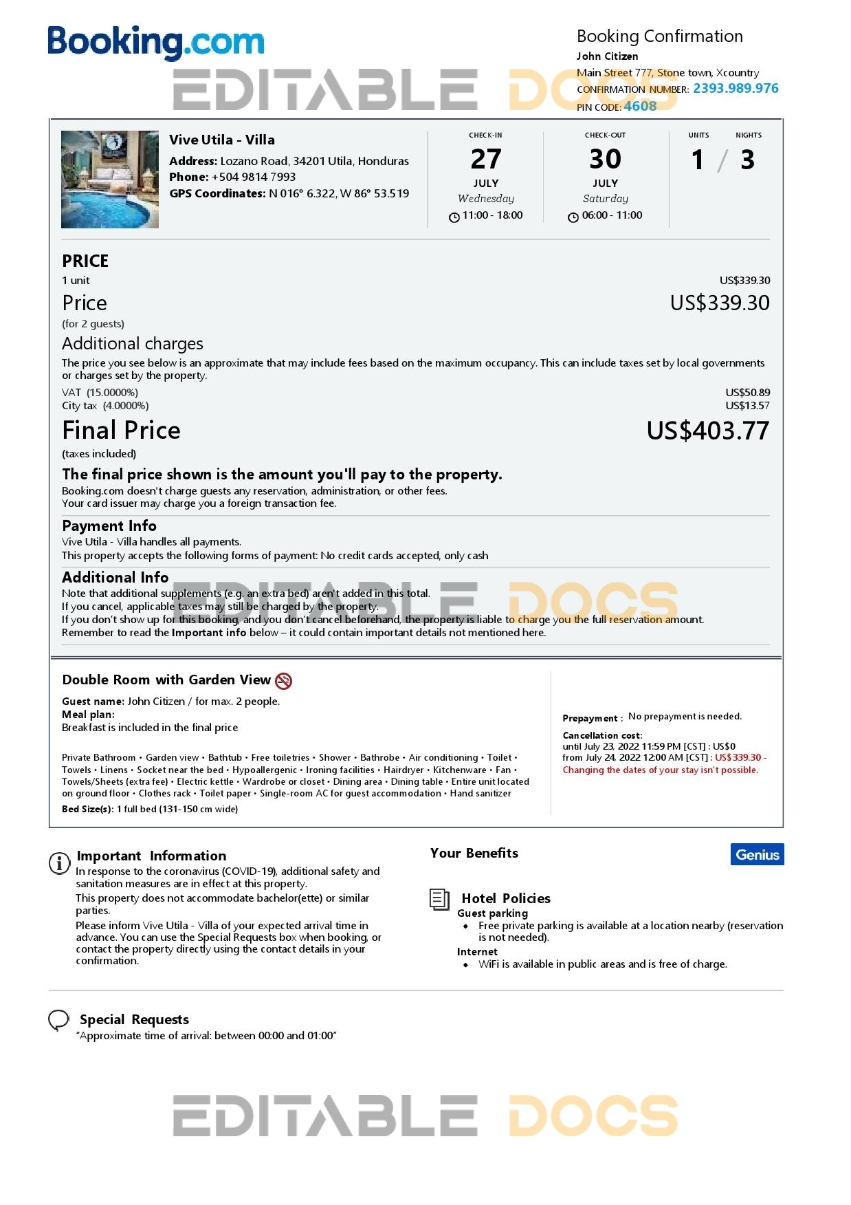 Editable Honduras Hotel Booking Form Template | Fillable PDF
