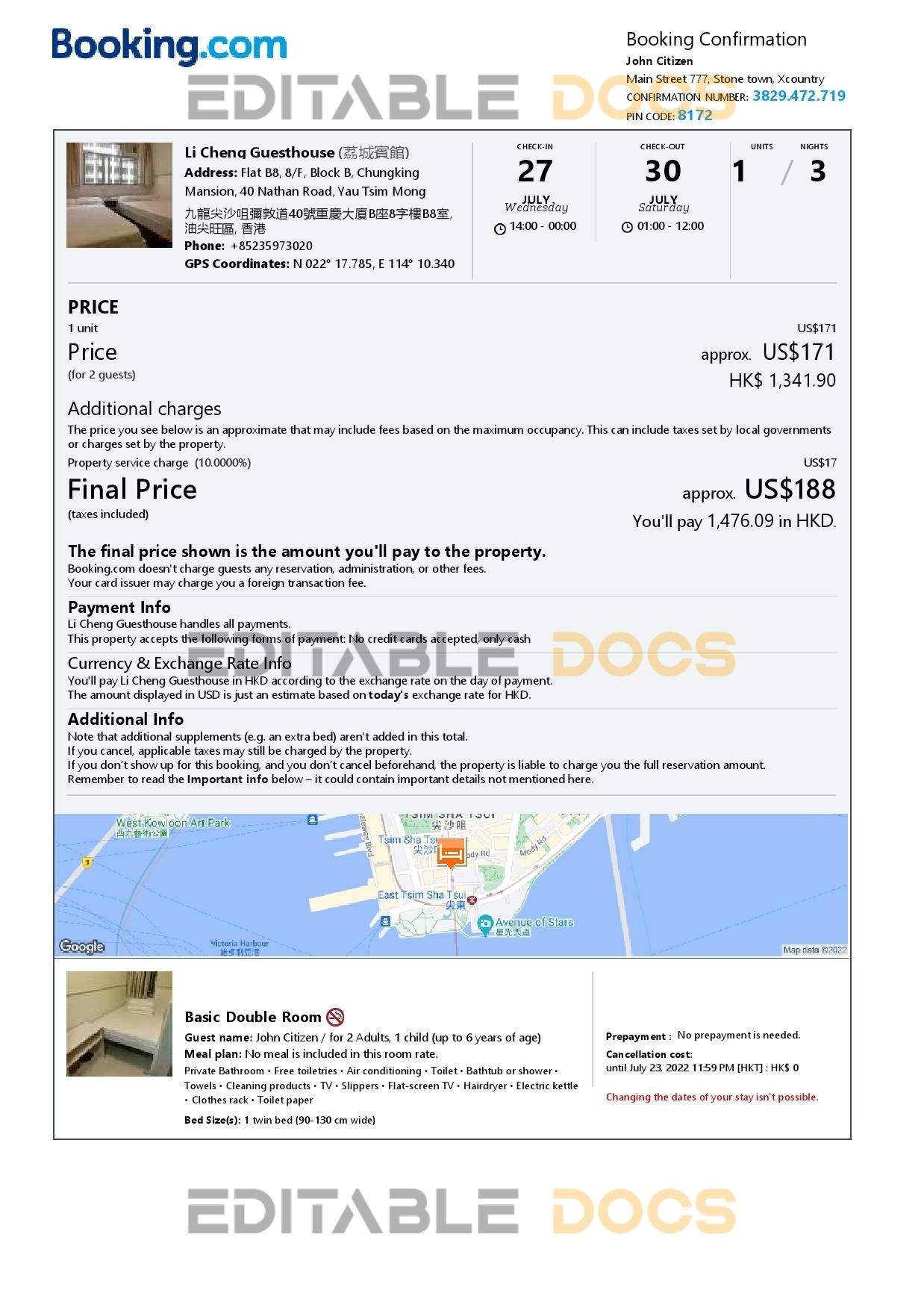 Editable Hong Kong Hotel Booking Form Template | Fillable PDF