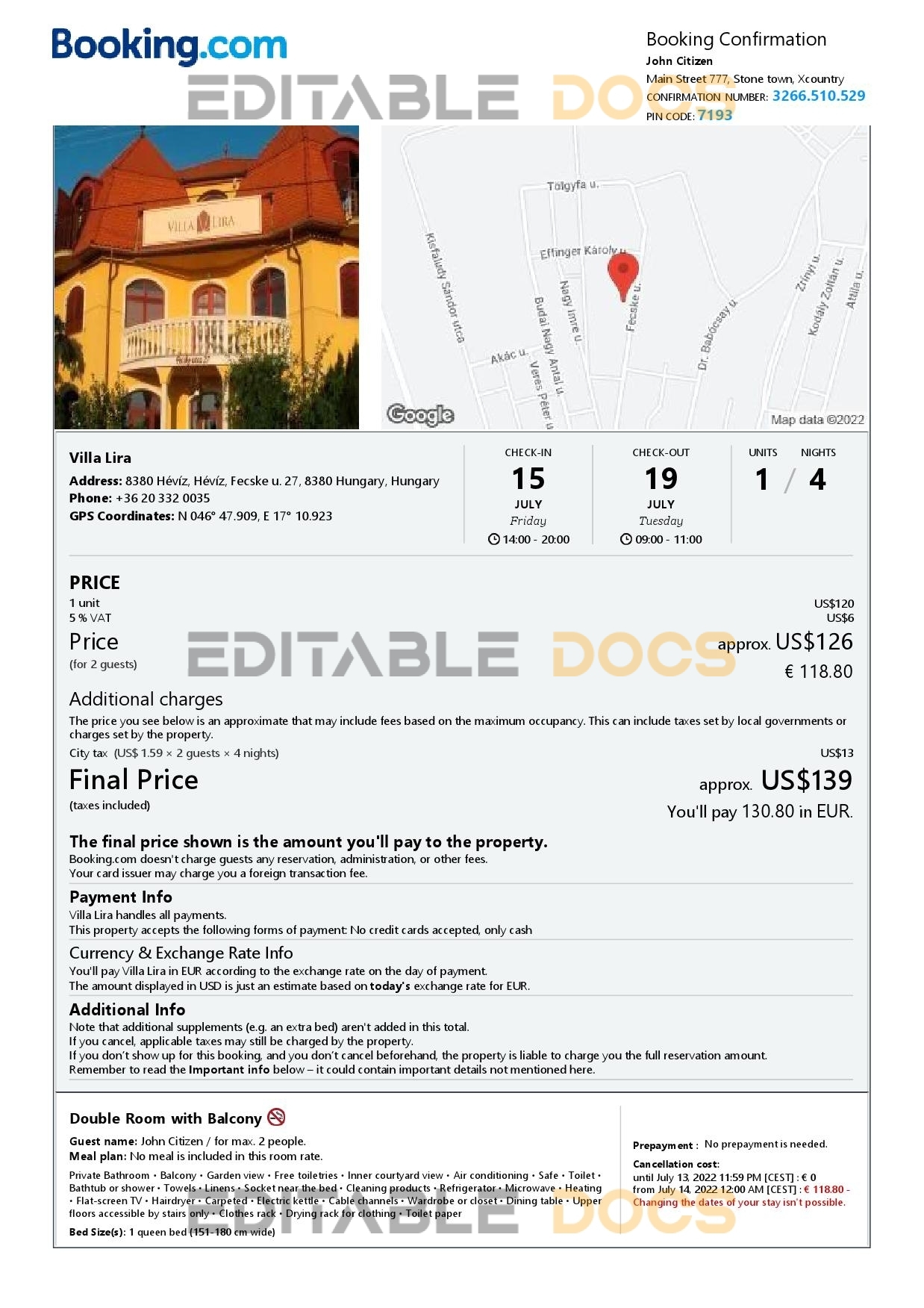Editable Hungary Hotel Booking Form Template | Fillable PDF
