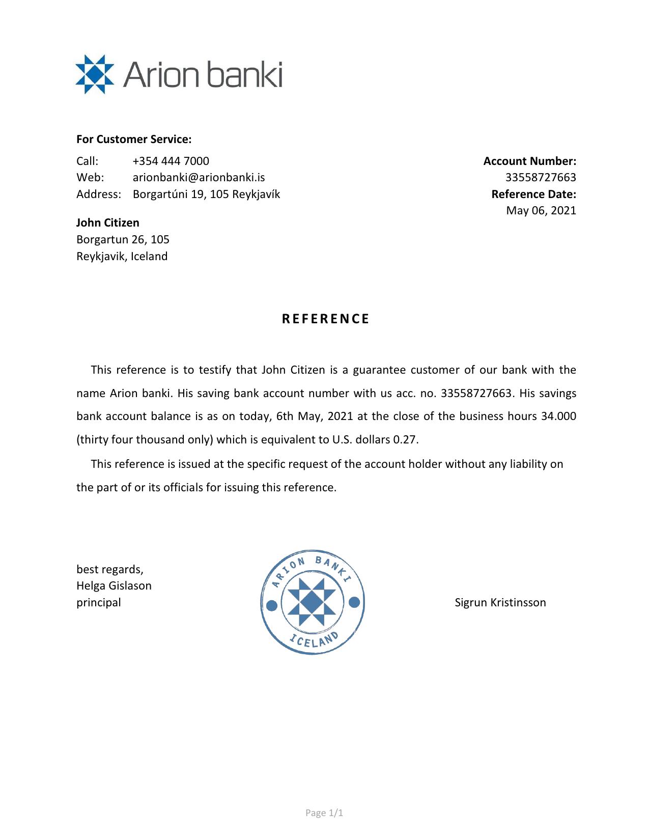 Download Iceland Arion Bank Reference Letter Templates | Editable Word