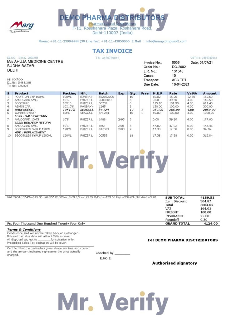 High-Quality India Demo Pharma Distributor medicine consultancy services Invoice Template PDF | Fully Editable