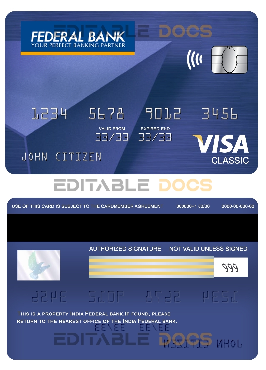 Editable India Federal bank visa classic card Templates in PSD Format
