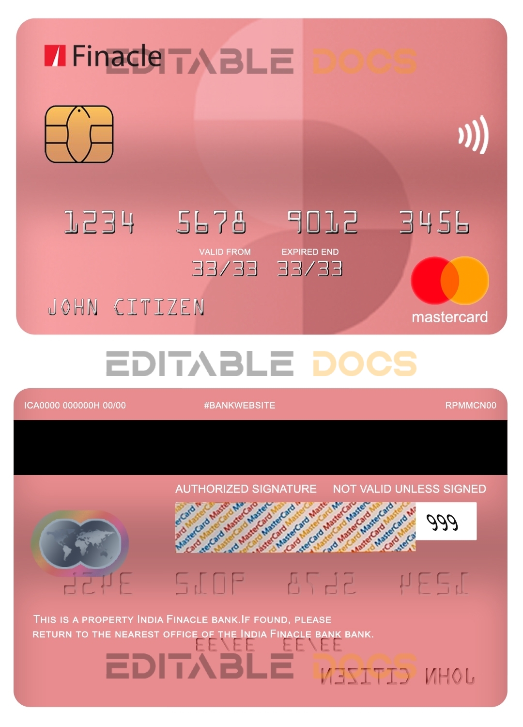 Fillable India Finacle bank mastercard Templates | Layer-Based PSD