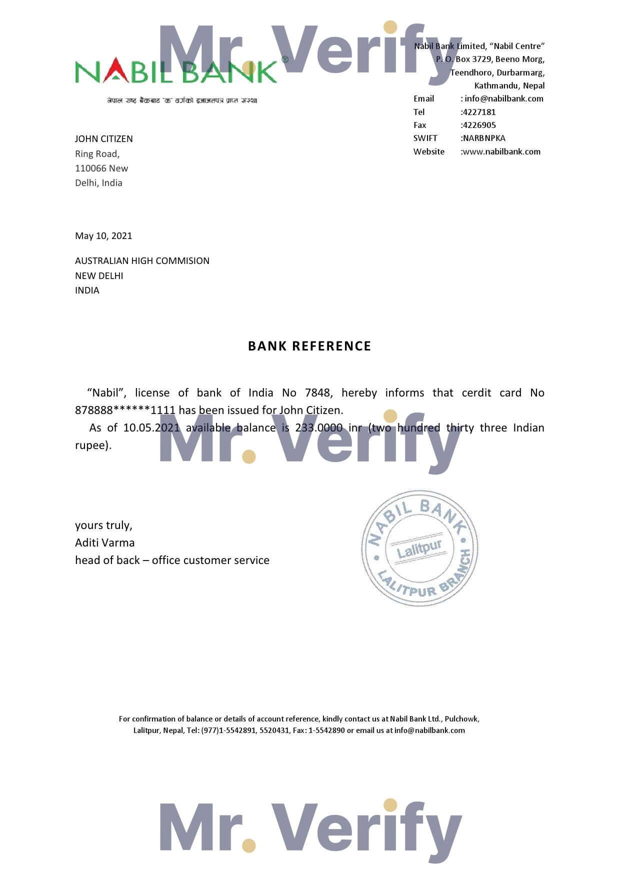 Download India Nabil Bank Reference Letter Templates | Editable Word
