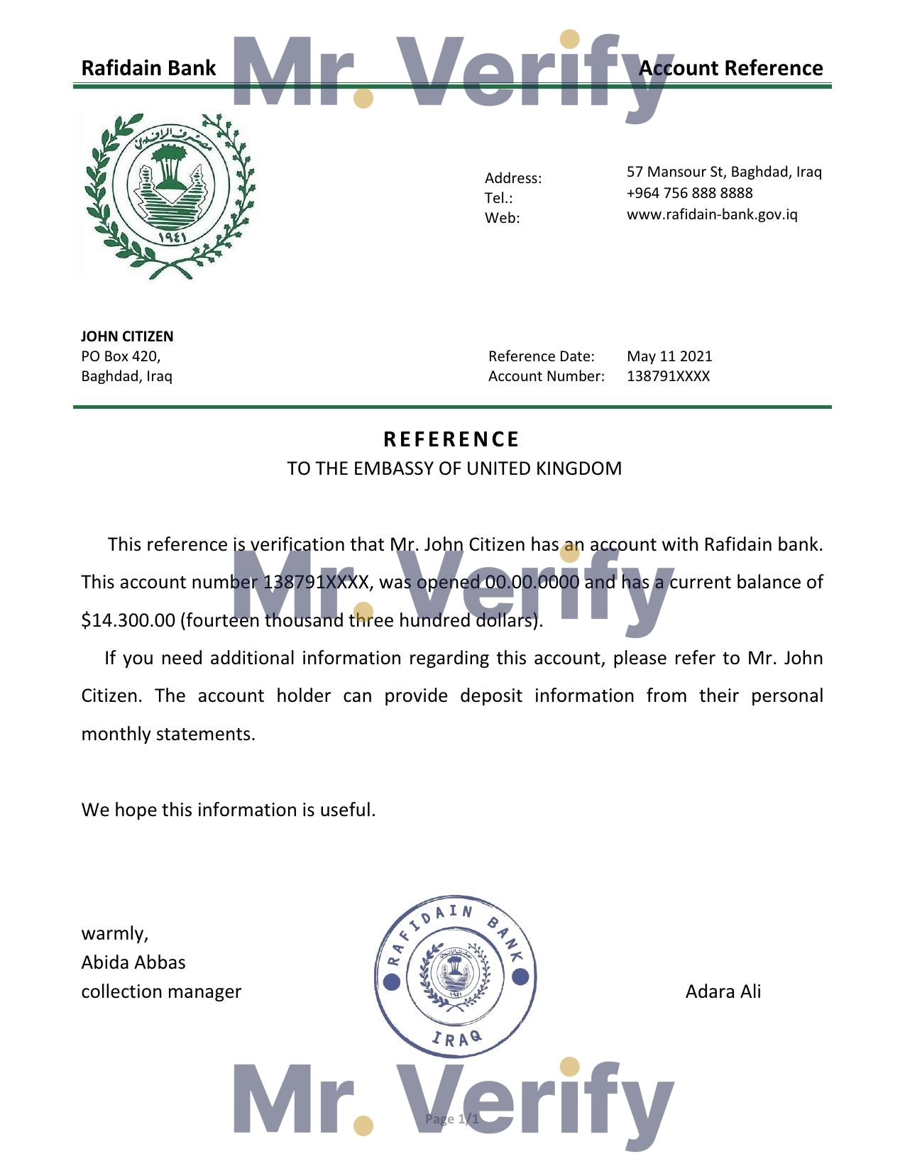 Download Iraq Rafidain Bank Reference Letter Templates | Editable Word