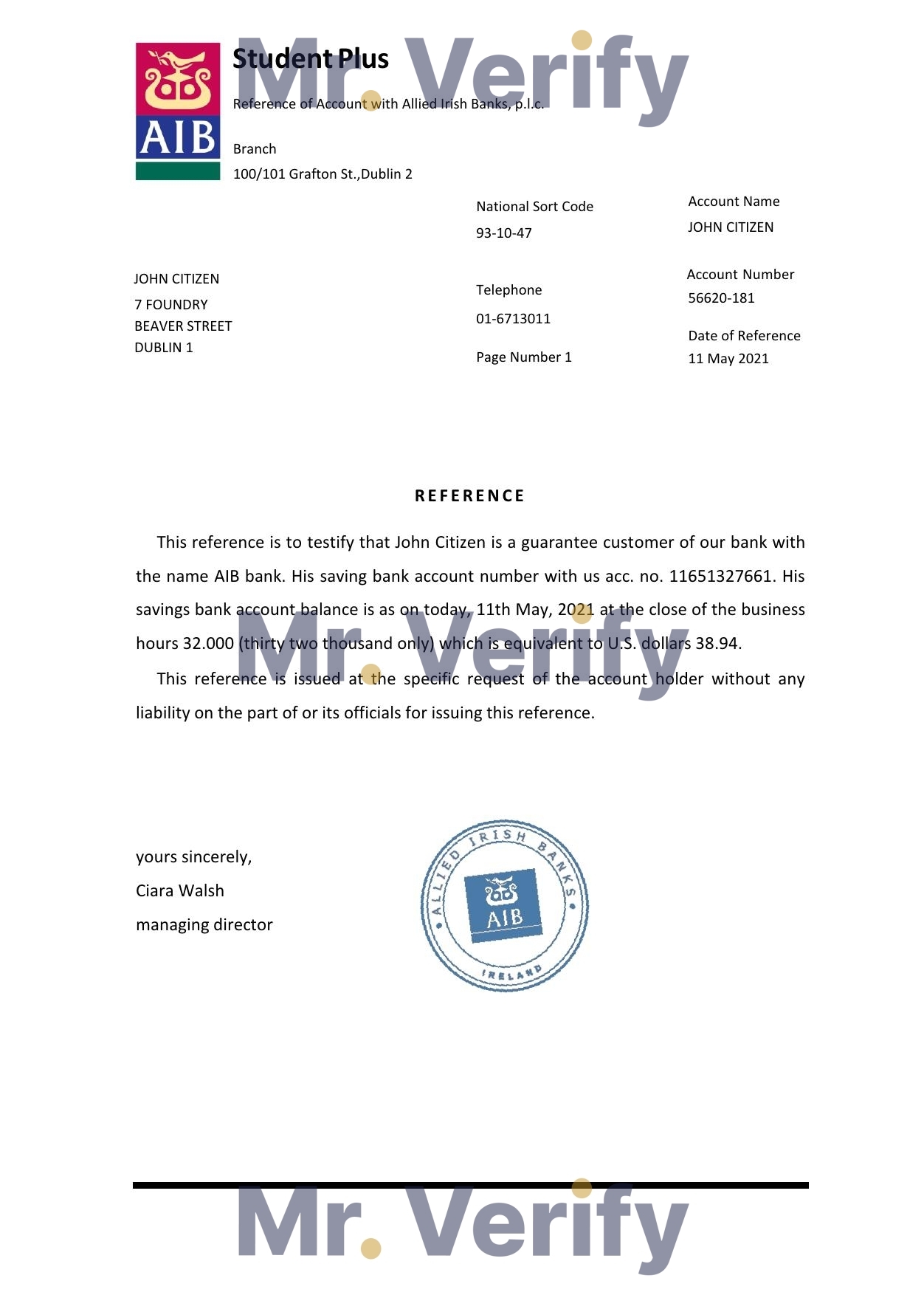 Download Ireland AIB Bank Reference Letter Templates | Editable Word