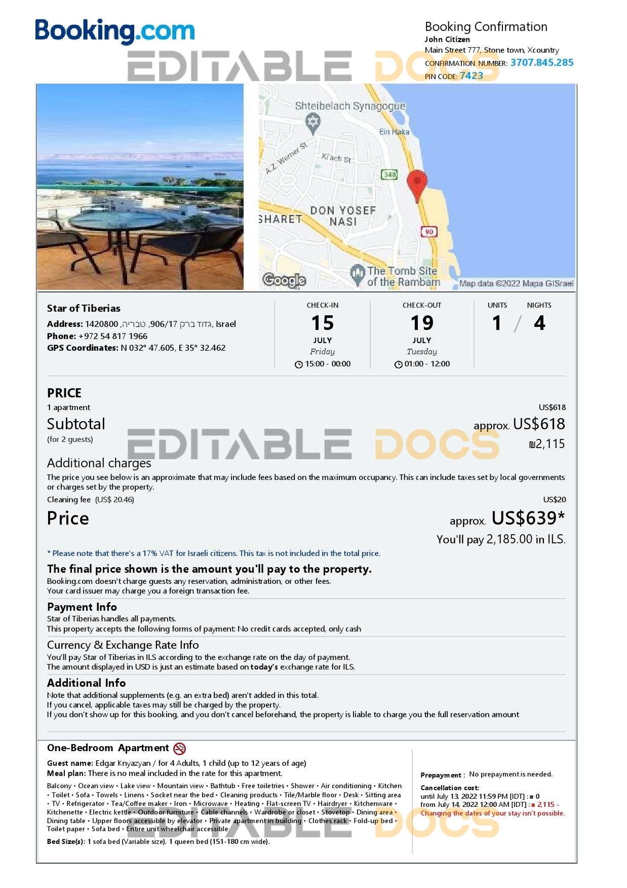 Customizable Israel Airbnb Reservation Template | Word & PDF Formats