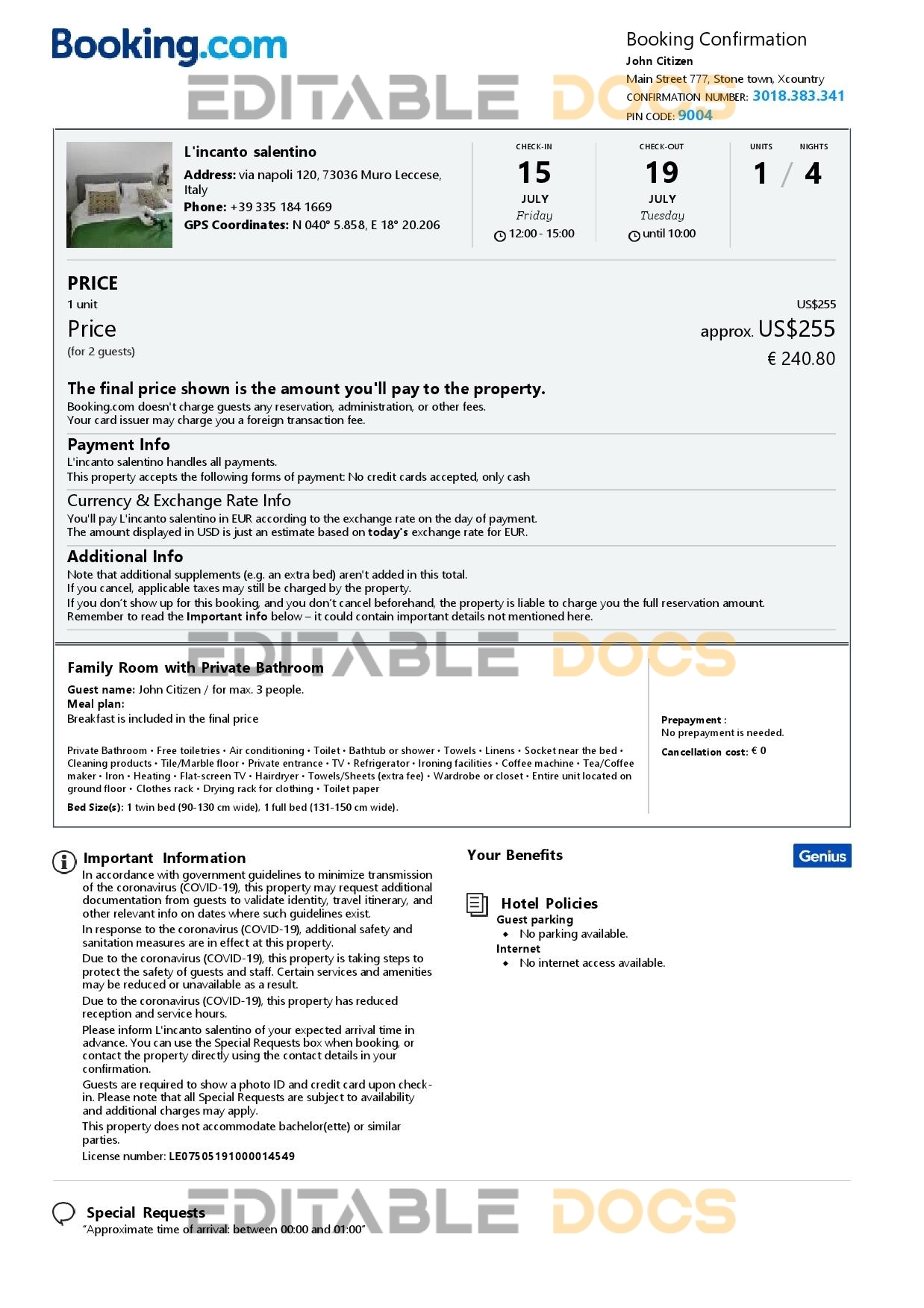 Customizable Italy Airbnb Reservation Template | Word & PDF Formats